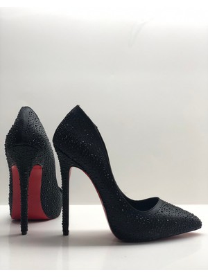 Hayy Shoes Kadın Siyah Saten Taşlı Deri Stiletto Topuklu Ayakkabı Neolit Tabanlı Gizli Platform