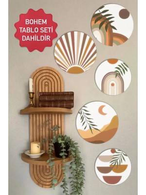 Teknotrust Semplice 5 Parça Dekoratif Oval Cam Tablo ve Ahşap Duvar Rafı Antik Eserler Temalı