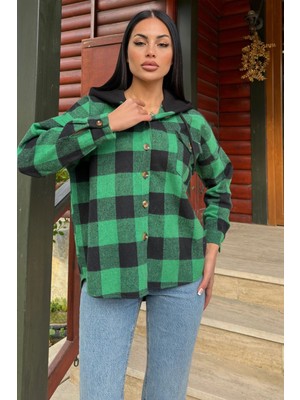Zümrüt Yeşil Ekose Desenli, Yumuşak Dokulu, Kapüşonlu Oduncu Gömlek