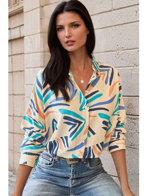 New Laviva Mavi Canlı Soyut Desenli, Regular Kesim Gömlek