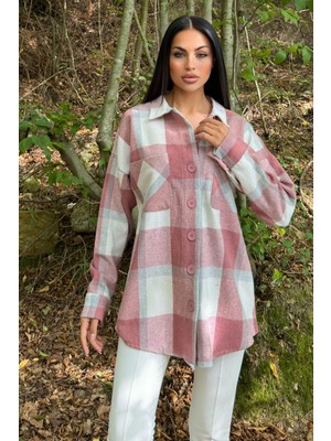 Gül Kurusu Çift Cepli, Ekose Desenli, Rahat Kalıp, Salaş Kaşe Gömlek