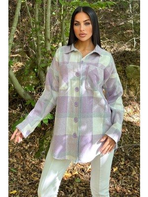 Lila Çift Cepli, Ekose Desenli, Rahat Kalıp, Salaş Kaşe Gömlek