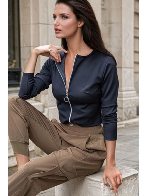 Siyah Crop, Fermuar Detaylı, Basic Bluz