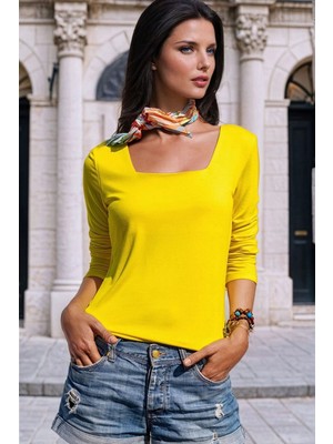 New Laviva Açık Sarı, Kare Yaka, Uzun Kollu, Basic Bluz