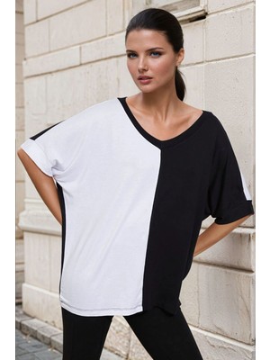 Siyah V Yaka, Renk Bloklu, Basic Bluz