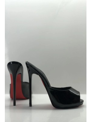 Hayy Shoes Hayyshoes Siyah Rugan  Deri Astarlı Yuvarlak Burun Gizli Platformlu Topuklu Terlik