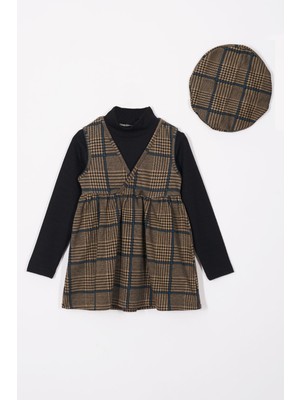 Balıkçı Yaka Badili Şapka Aksesuarlı Hardal Renk Kız Çocuk Üçlü Takım Elbise