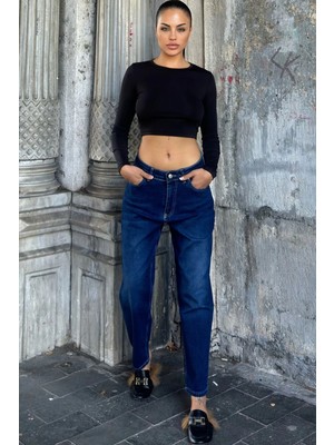 New Laviva Koyu Mavi Yüksek Bel, Mom Jean Kot Pantolon