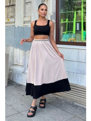 New Laviva Kadın Bej & Siyah Color Block Desen,beli Şerit Lastikli, Rahat Kalıp, Cepli Uzun Etek