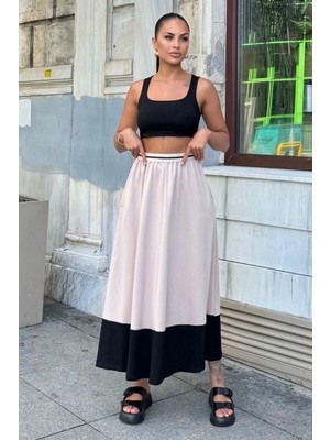 New Laviva Kadın Bej & Siyah Color Block Desen,beli Şerit Lastikli, Rahat Kalıp, Cepli Uzun Etek