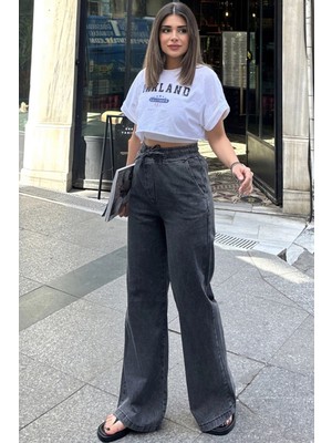 Kadın Siyah Beli Lastikli, Bagcıklı, Cepli, Bol Paça, Palazzo Kot Pantolon - Tesettüre Uygun