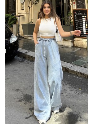 New Laviva Kadın Açık Mavi Beli Lastikli, Bagcıklı, Cepli, Bol Paça, Palazzo Kot Pantolon - Tesettüre Uygun