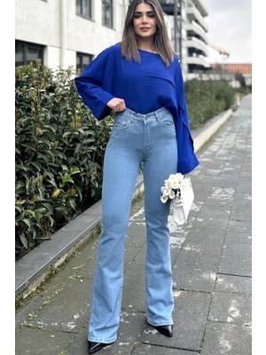 New Laviva Kadın Mavi Yüksek Bel, Rahat Kesim, Bol Paça Kot Pantolon - Jeans