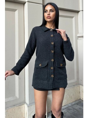 Siyah Çift Cepli, Yumuşak Dokulu Uzun Kaşe Ceket