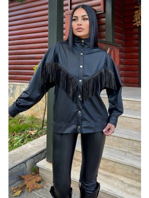 Siyah Püsküllü, Deri Görünümlü Oversize Ceket