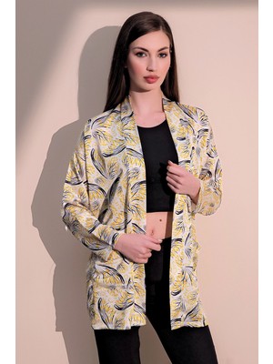 New Laviva Kadın Sarı Safari Desen Yeni Moda Saten Çift Cepli Salaş Kimono Ceket - Tesettüre Uygun