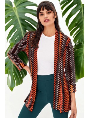 Kadın Çok Renkli Ceket Yaka Truvakar Kol Desenli Çok Renkli Regular Kesim Standart Boy Kimono Ceket