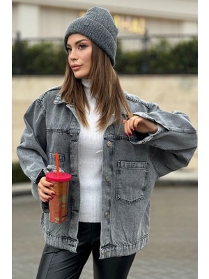 Kadın Gri Apaş Yaka, Çift Cepli, Kaliteli Jeans Kumaş, Salaş Kot Ceket