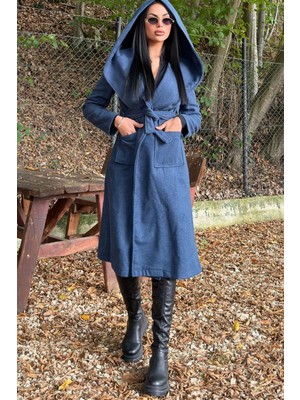 Indigo Kruvaze Yaka, Kapüşonlu, Çift Cepli, Beli Kemerli, Uzun Kaşe Kaban (Astarsız)