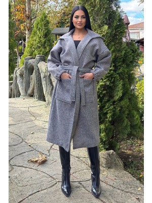 Antrasit Cepli, Balon Kol, Kemerli, Kalın Örgü Triko, Uzun Kaban