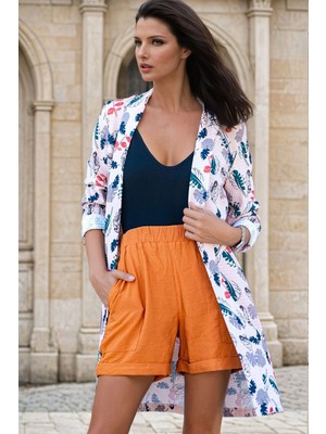 New Laviva Ekru, Tropikal Desenli, Uzun Kollu, Kimono Ceket