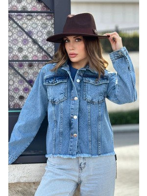 New Laviva Kadın Açık Mavi Çift Cepli, Eteği Püsküllü, Kaliteli Jeans Kumaş, Rahat Kesim, Kot Ceket