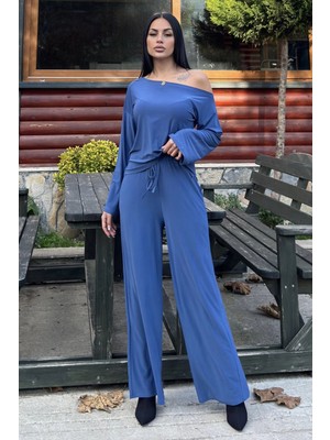 Indigo Bağcık Detaylı Geniş Paça Pantolon & Geniş Yaka Salaş Bluz - Sandy Kumaş Takım