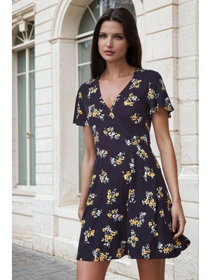 New Laviva Lacivert Kruvaze Yaka, Floral Desenli, Mini Elbise