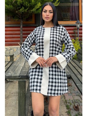 New Laviva Siyah Kare Desenli Şanel Kumaş, Geniş Manşet Detaylı, Salaş Midi Elbise