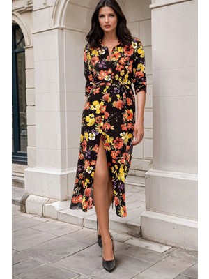 New Laviva Siyah Sarı, Gömlek Yaka, Floral Desen, Uzun Kollu Elbise