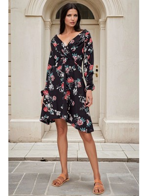 Siyah Kruvaze Yaka, Floral Desenli, Midi Elbise