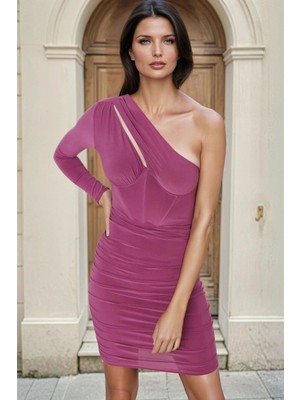 Pembe Asimetrik Yaka, Dar Kesim, Mini Elbise