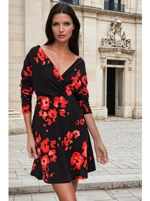 New Laviva Siyah Kruvaze Yaka, Çiçek Desenli, Uzun Kollu, Midi Elbise