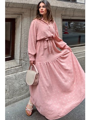 Kadın Pudra Dokulu Kumaş, Beli Kuşaklı, Balon Kol, A Kesim, Vintage Maksi Elbise - Tesettüre Uygun