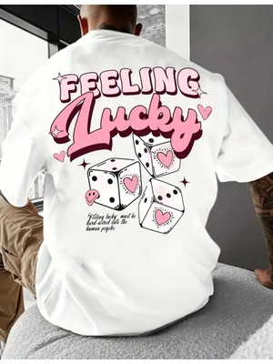 Amor Man Büyük Beden Özel Tasarım Feeling Lucky Sırt Baskılı Modern Battal Erkek T-Shırt