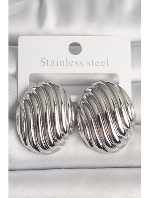 Callerrons Accessories Pirinç Gümüş Renk Işlemeli Oval Model Kadın Küpe - EBJ250207W31196