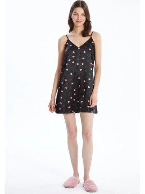 Lc Waikiki Lcw Dream Siyah V Yaka Desenli Askılı Saten Kadın Gecelik T T
