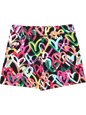 Lovetti Kız Çocuk Desenli Graffiti Hearts Şort Rahat Kesim Lastikli Pamuk - Elastan
