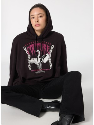 Versace Jeans Couture Kapüşon Yaka Baskılı Siyah Kadın SweatShirt 77HAIG01