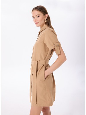Fabrika Gömlek Yaka Düz Bej Kısa Kadın Elbise F5SL-ELB0153