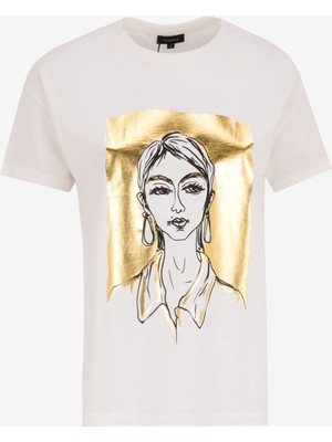 Fabrika Bisiklet Yaka Baskılı Kırık Beyaz Kadın T-Shirt F5SL-TST0259