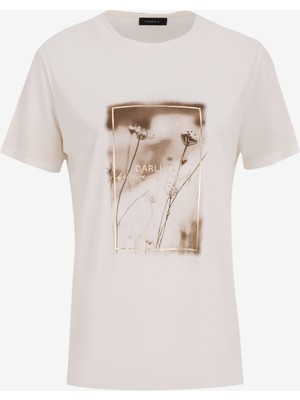 Fabrika Comfort Bisiklet Yaka Baskılı Kırık Beyaz Kadın T-Shirt FC5SL-TST0374