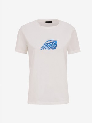 Fabrika Bisiklet Yaka Payetli Kırık Beyaz Kadın T-Shirt F5SL-TST0384