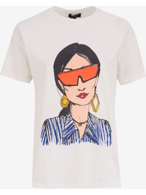 Fabrika Bisiklet Yaka Düz Kırık Beyaz Kadın T-Shirt F5SL-TST0283