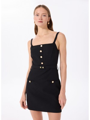 Fabrika Kare Yaka Düz Siyah Mini Kadın Elbise F5SL-ELB0128