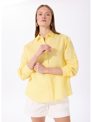 Fabrika Oversize Gömlek Yaka Düz Sarı Kadın Gömlek F5SL-GML0030