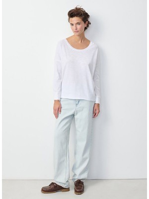 American Vintage Kayık Yaka Düz Beyaz Kadın T-Shirt SON36E25_BLANC