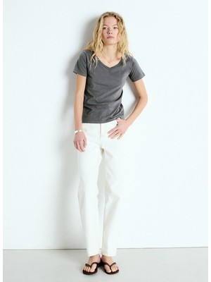 American Vintage Bisiklet Yaka Düz Lacivert Kadın T-Shirt GAMI02DE25_ACIER