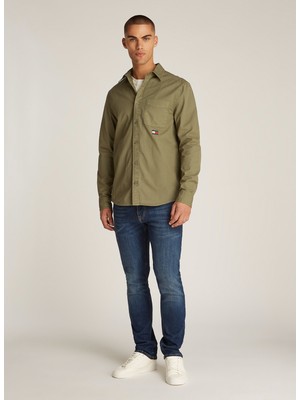 Tommy Jeans Regular Fit Yeşil Düz Erkek Gömlek DM0DM21107M12 Tjm Reg Washed Twıll