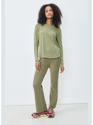 American Vintage Kayık Yaka Düz Yeşil Kadın T-Shirt SON31GE25_RIVE Vıntage